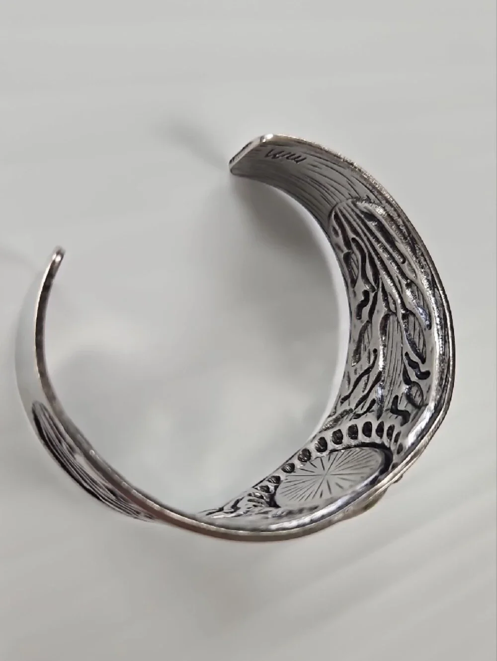 Silver-Tone Floral Cuff Bracelet with Green and Burgundy Stone